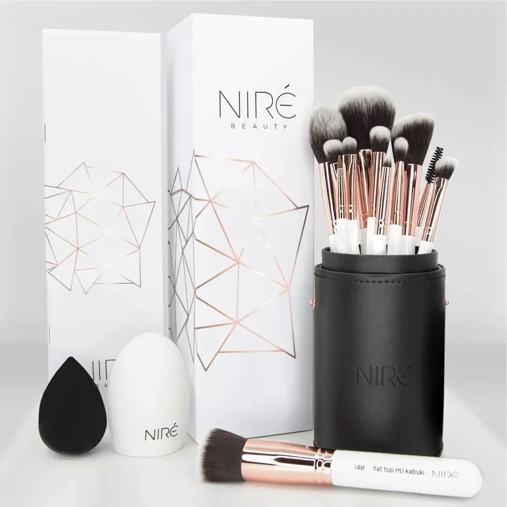 Niré Beauty 15piece White Rose Gold Makeup Brush Set & Beauty Blender With Case